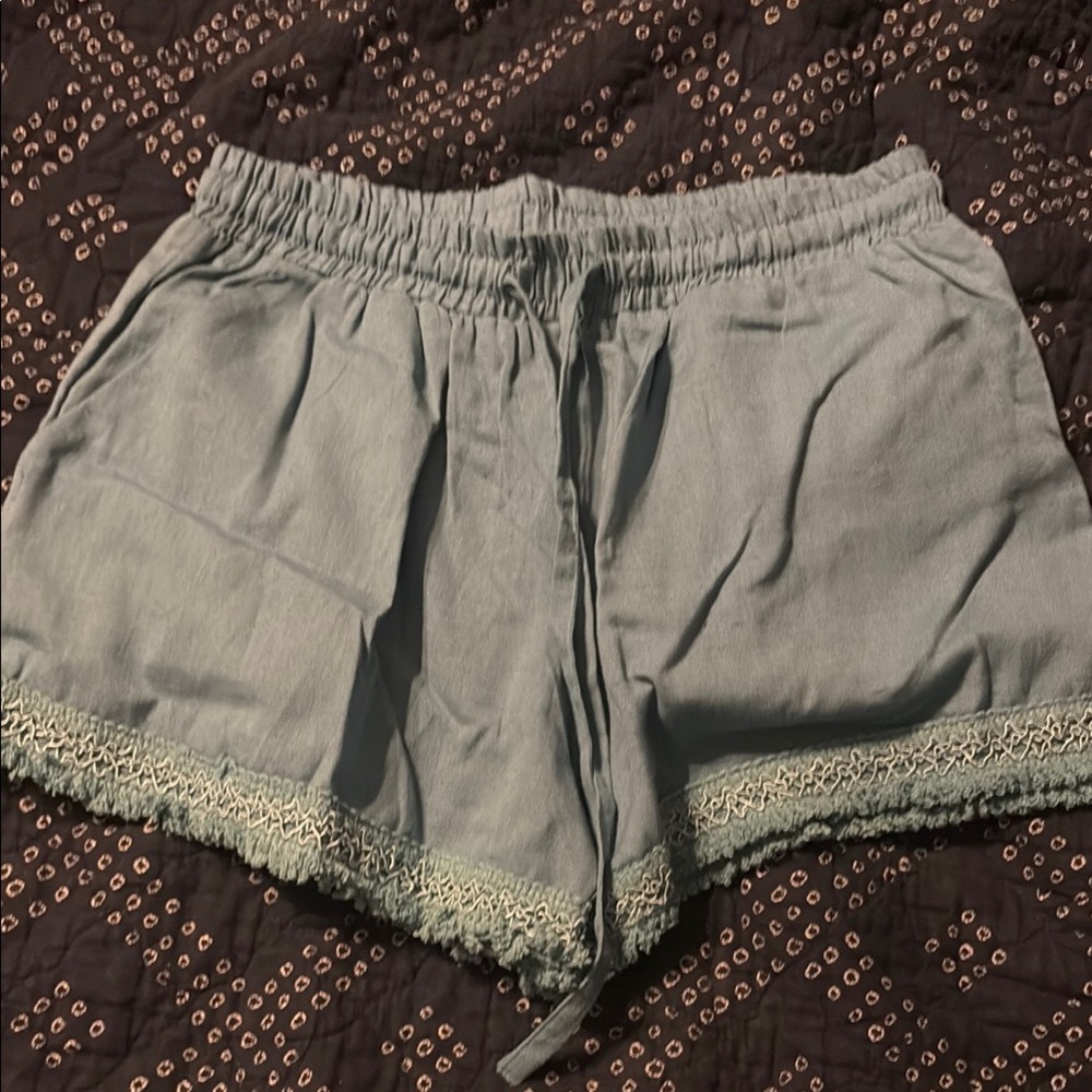 Bluish Green Drawstring Shorts with Lace Trim